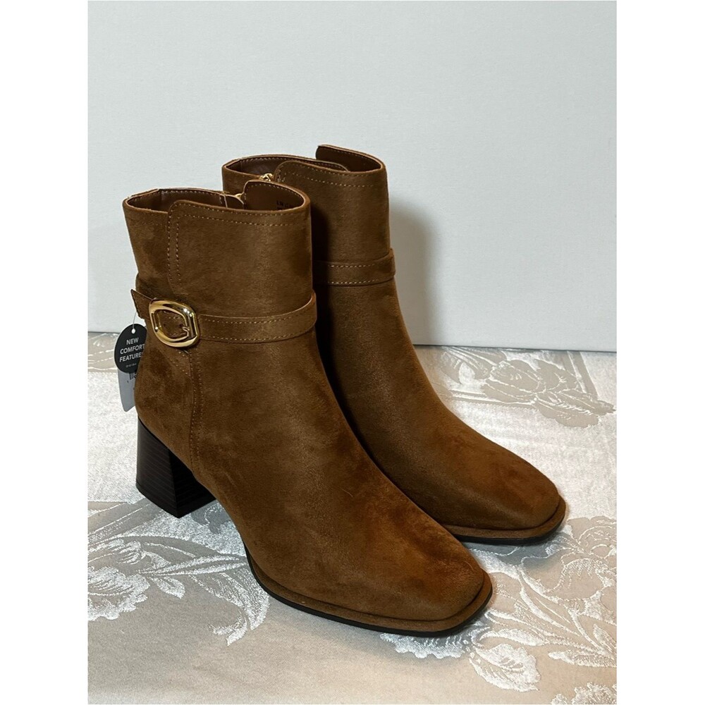 Liz Claiborne 6.5 M Tan Faux Suede Ankle Booties with Buckle Accent